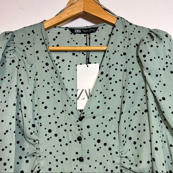 Zara Sage Green & Black Polka Dot Long sleeve Ruched V Neck Mini Dress S… - Picture 5 of 11